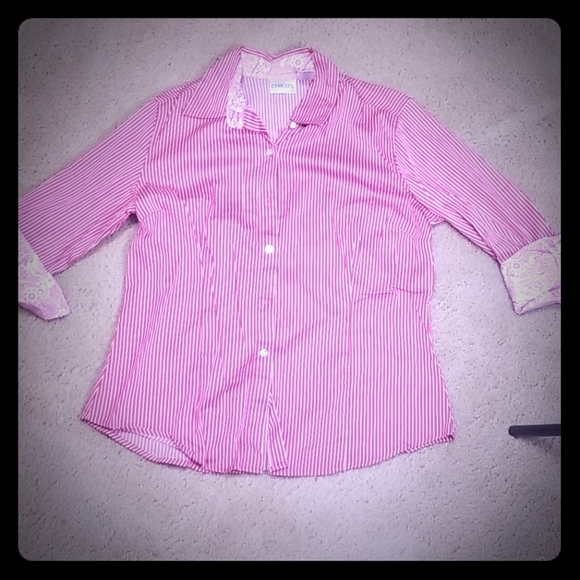 Chico's Tops - CHICO: SIZE 1, PINK/WHITE STRIPED BUTTON DOWN